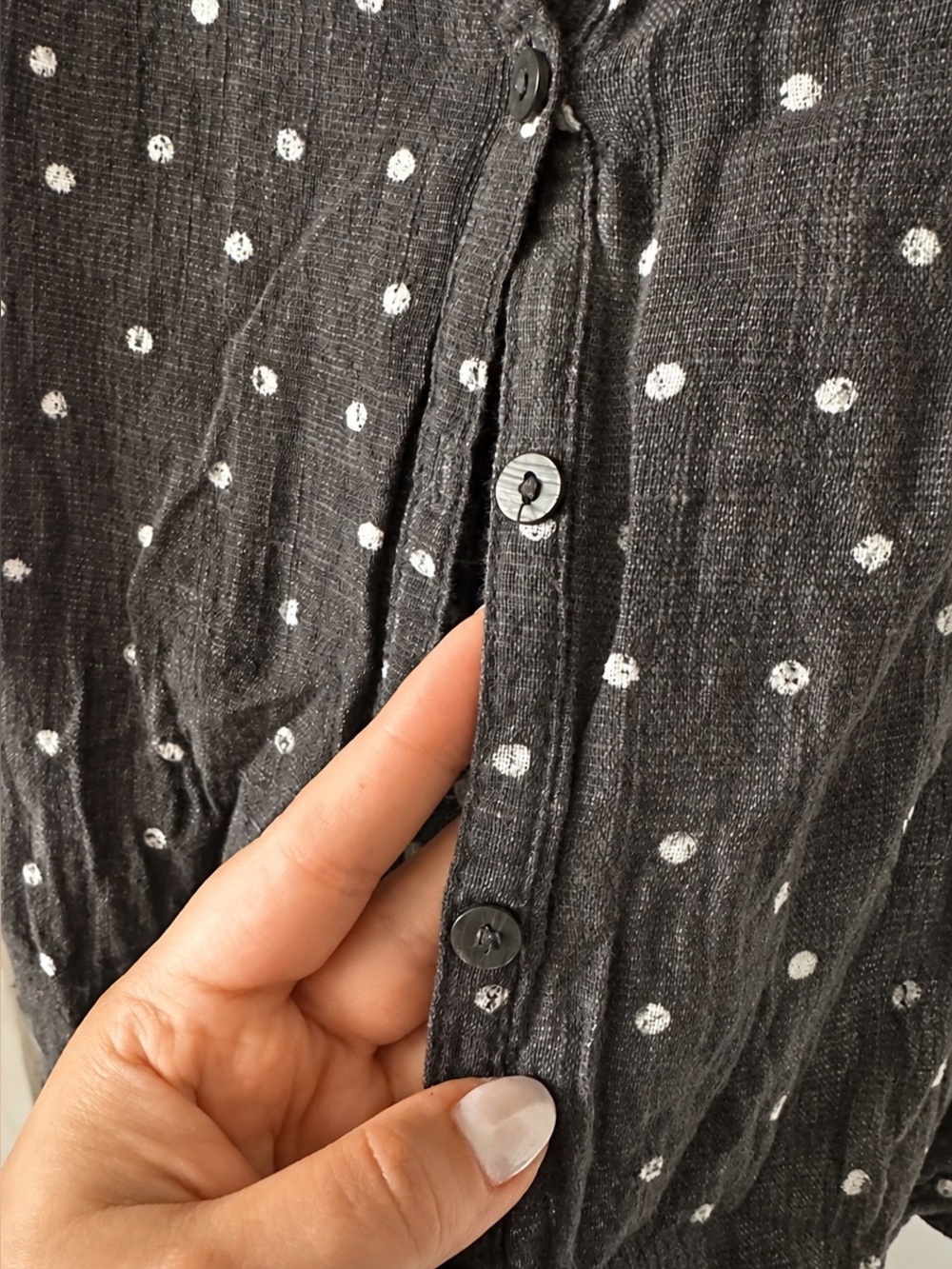 Women’s Short-Sleeve Button-Down Top with White Polka Dots - Picture 5 of 6